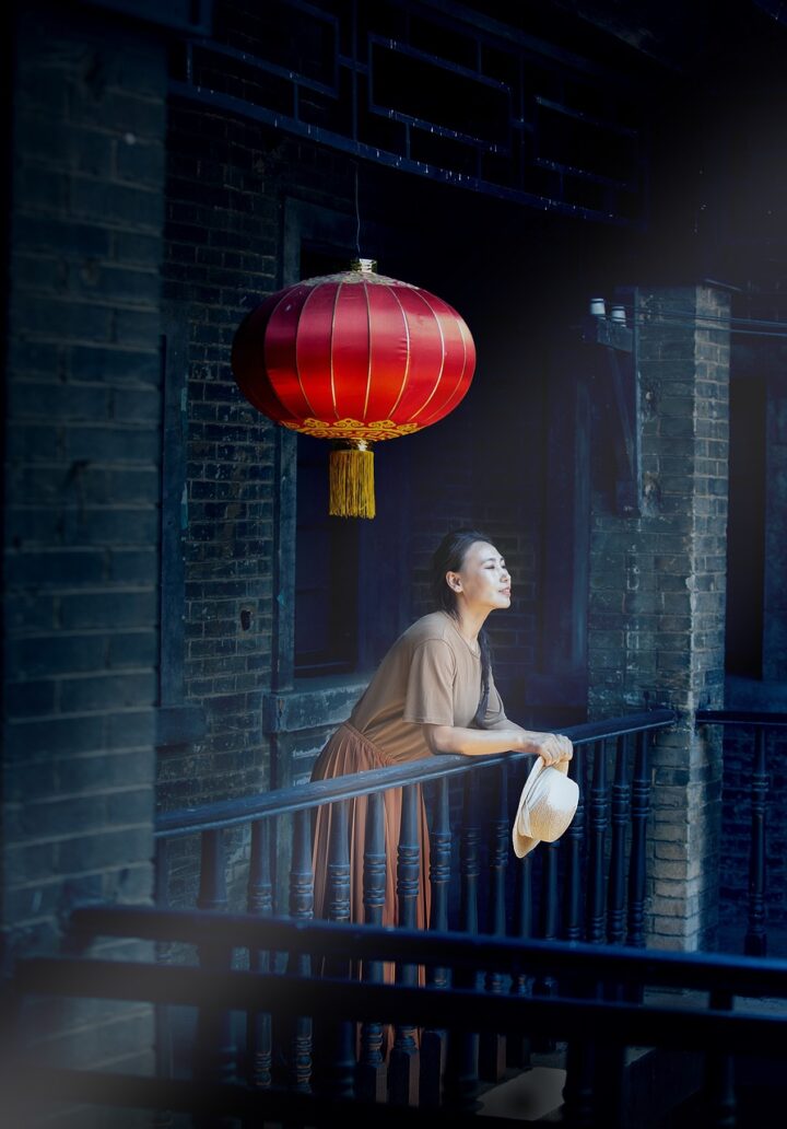 woman, old buildings, chinese element, lantern, balcony-7396948.jpg