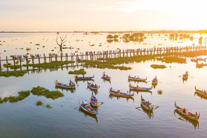 lake, bridge, boats, rowing, nature, footbridge, sunset, tourist attraction, landmark, destination, scenery, taungthaman lake, u bein bridge, u bein, mandalay, myanmar, asia-5632072.jpg