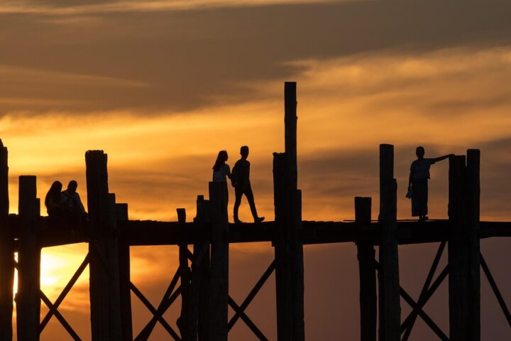 sunset, couple, lovers, ubein bridge, mandalay, nature, myanmar, burma, teakwood, wood bridge, people, silhouette, mercier zeng-7190535.jpg